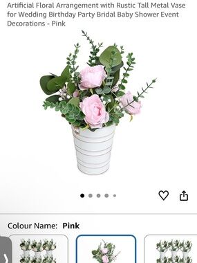 Pink Artificial Floral Arrangement in White Metal Vase
